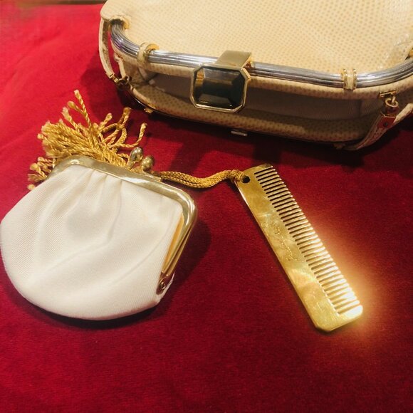 JUDITH LEIBER Vntg Art Deco Two-Tone Beige Karung Snakeskin Purse Excellent Cond - Picture 5 of 6